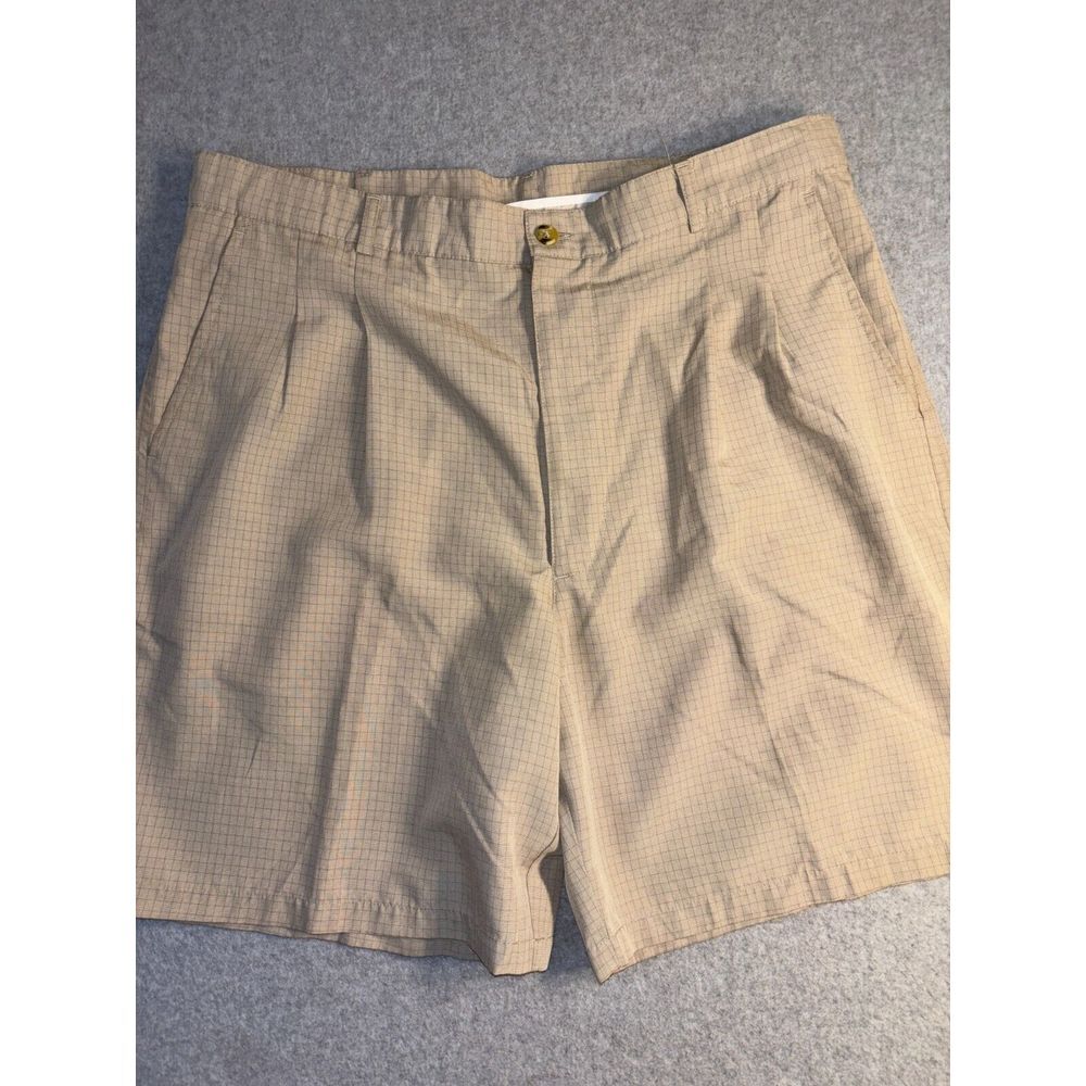 Adolfo Bermuda Shorts Mens Size 36 Tan Check Print Rayon Pleated Front High Rise